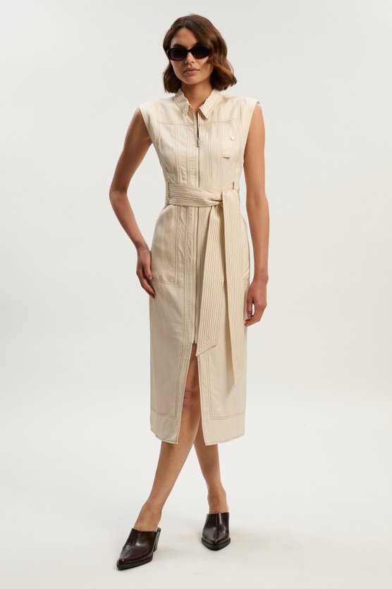 karen millen Premium Linen Twill Topstitch Woven Sleeveless Midi Dress ivory