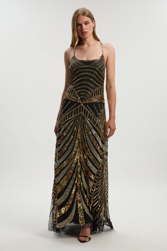 Karen Millen Premium Mirrored Crystal Embellished Woven Prom Dress Black