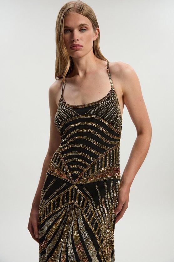 Karen Millen Premium Mirrored Crystal Embellished Woven Prom Dress Black