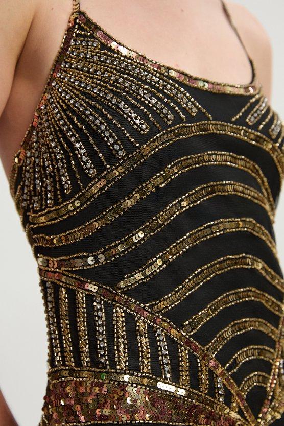 Karen Millen Premium Mirrored Crystal Embellished Woven Prom Dress Black