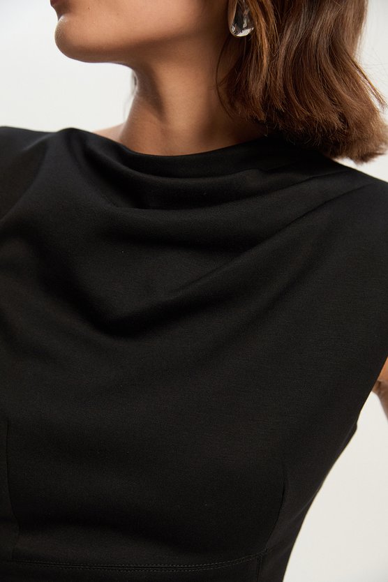 Karen Millen Premium Ponte Sleeveless Asymmetric Front Tailored Midi Dress Black