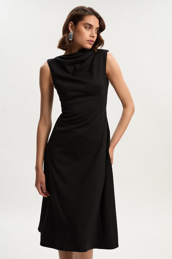 karen millen Premium Ponte Sleeveless Asymmetric Front Tailored Midi Dress black