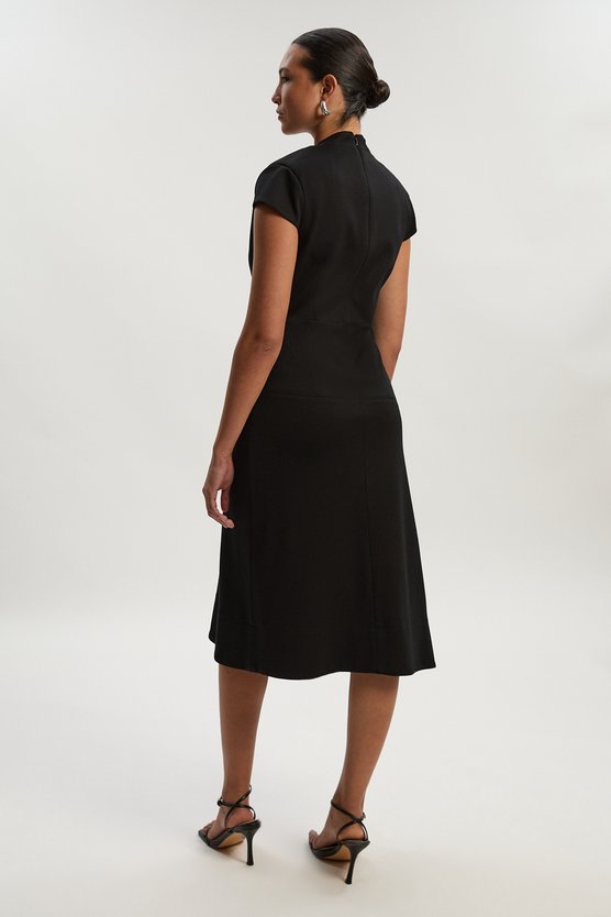 Karen Millen Premium Ponte V Neck Asymmetric Front Tailored Midi Dress Black