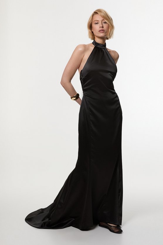 Karen Millen Premium Satin Halter Neck Tailored Maxi Dress Black