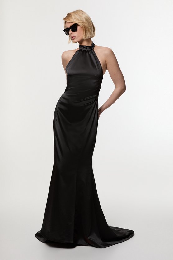 karen millen Premium Satin Halter Neck Tailored Maxi Dress black
