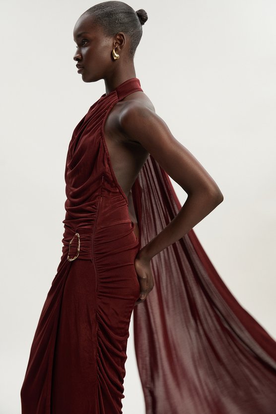 Karen Millen Premium Slinky Crepe High Neck Scarf Detail Maxi Dress Chocolate