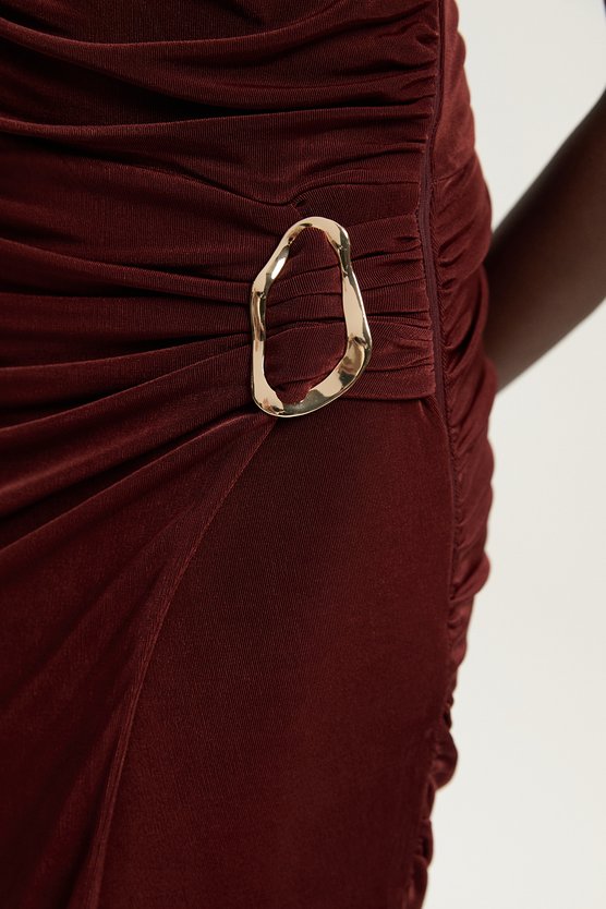 Karen Millen Premium Slinky Crepe High Neck Scarf Detail Maxi Dress Chocolate