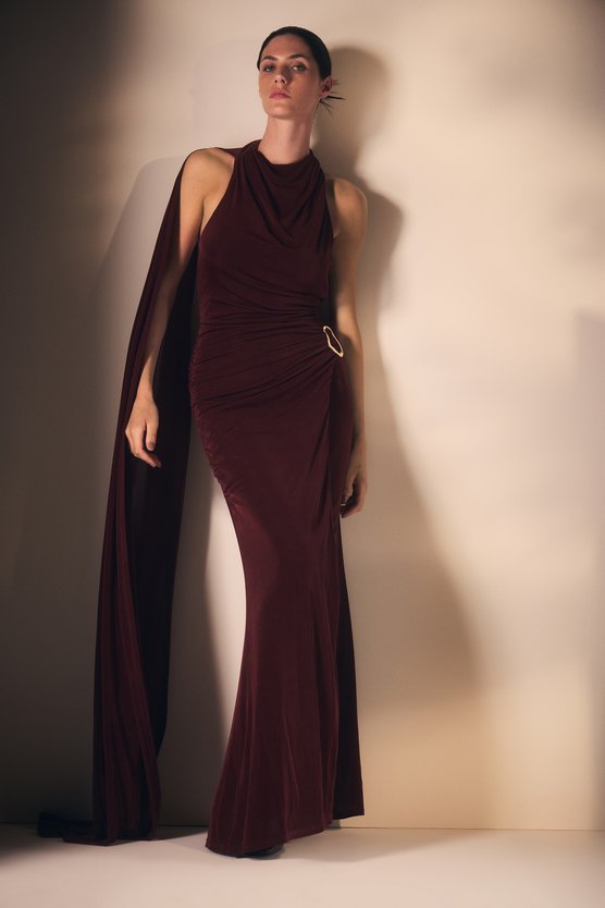 karen millen Premium Slinky Crepe High Neck Scarf Detail Maxi Dress chocolate