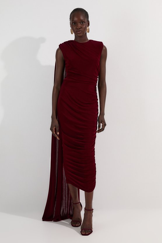 Karen Millen Premium Slinky Crepe Scarf Detail Maxi Dress Burgundy