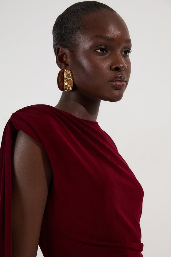 Karen Millen Premium Slinky Crepe Scarf Detail Maxi Dress Burgundy