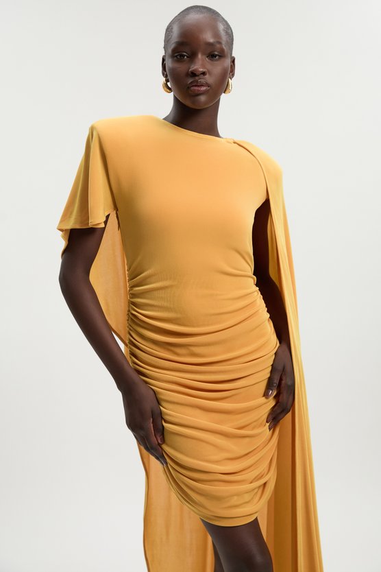 Karen Millen Premium Slinky Crepe Scarf Detail Mini Dress Ochre