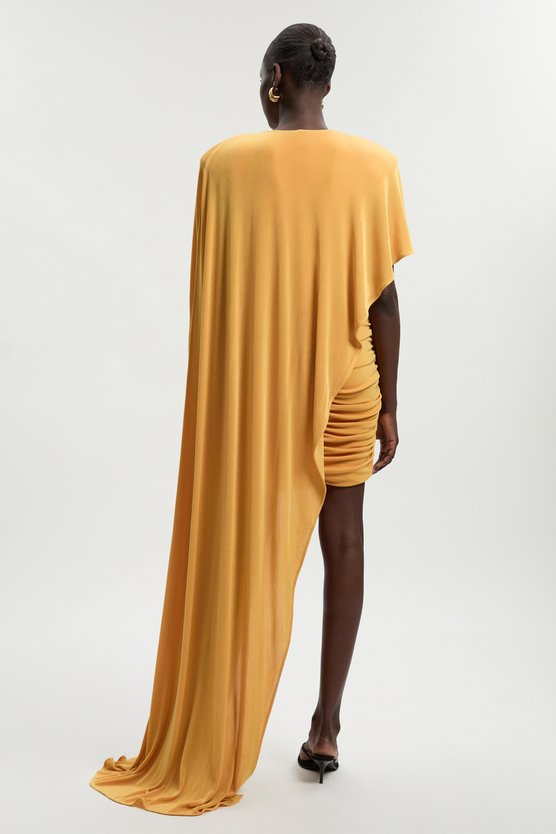 Karen Millen Premium Slinky Crepe Scarf Detail Mini Dress Ochre