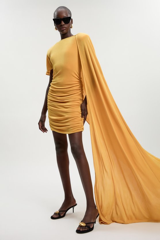 karen millen Premium Slinky Crepe Scarf Detail Mini Dress ochre karen millen Premium Slinky Crepe Scarf Detail Mini Dress ochre