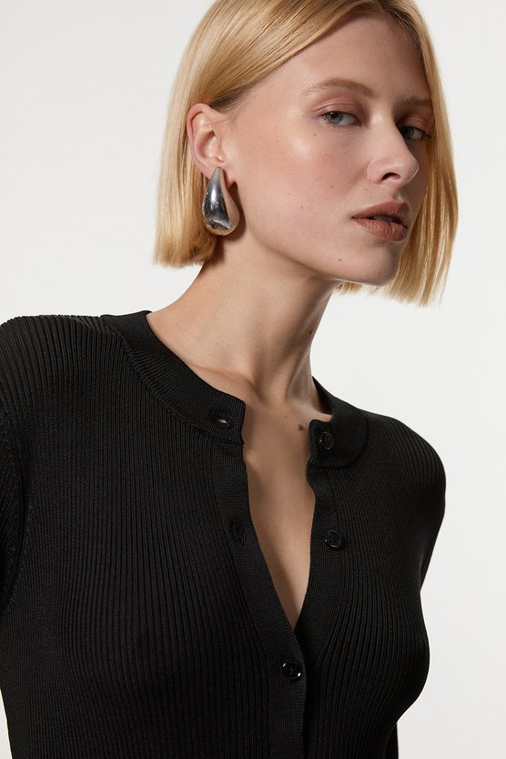 Karen Millen Premium Slinky Ribbed Knit Button Through Maxi Dress Black