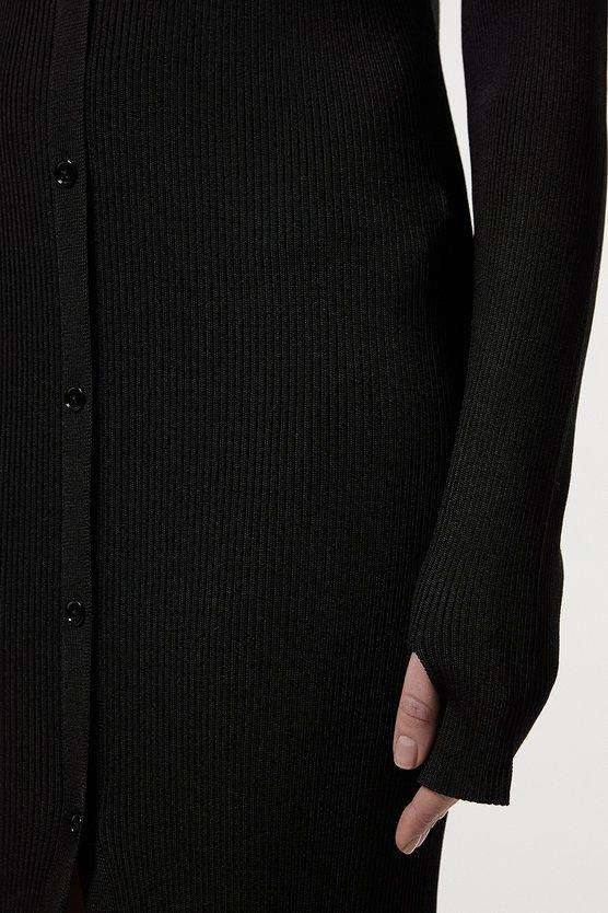 Karen Millen Premium Slinky Ribbed Knit Button Through Maxi Dress Black