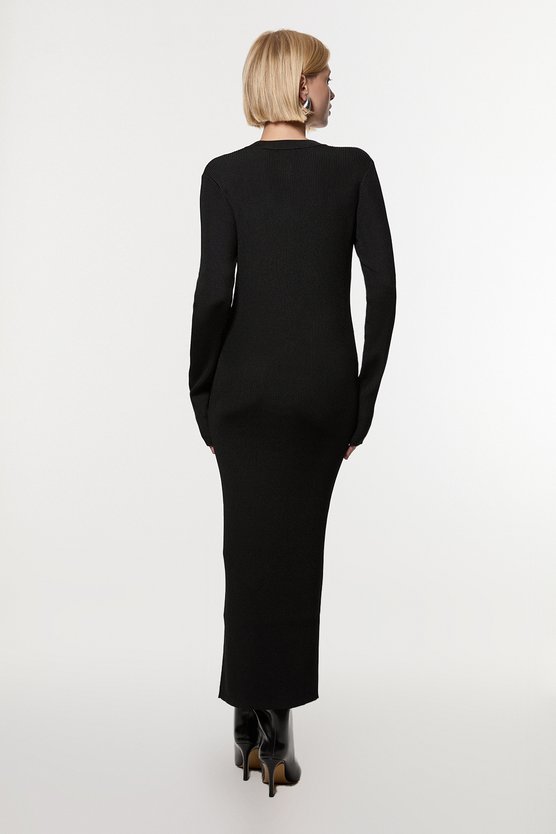 Karen Millen Premium Slinky Ribbed Knit Button Through Maxi Dress Black