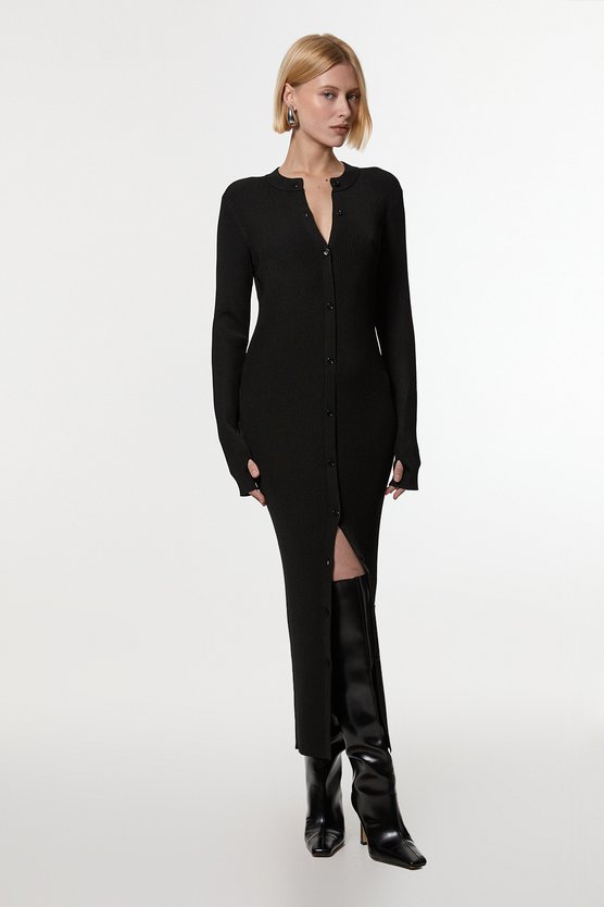 karen millen Premium Slinky Ribbed Knit Button Through Maxi Dress black