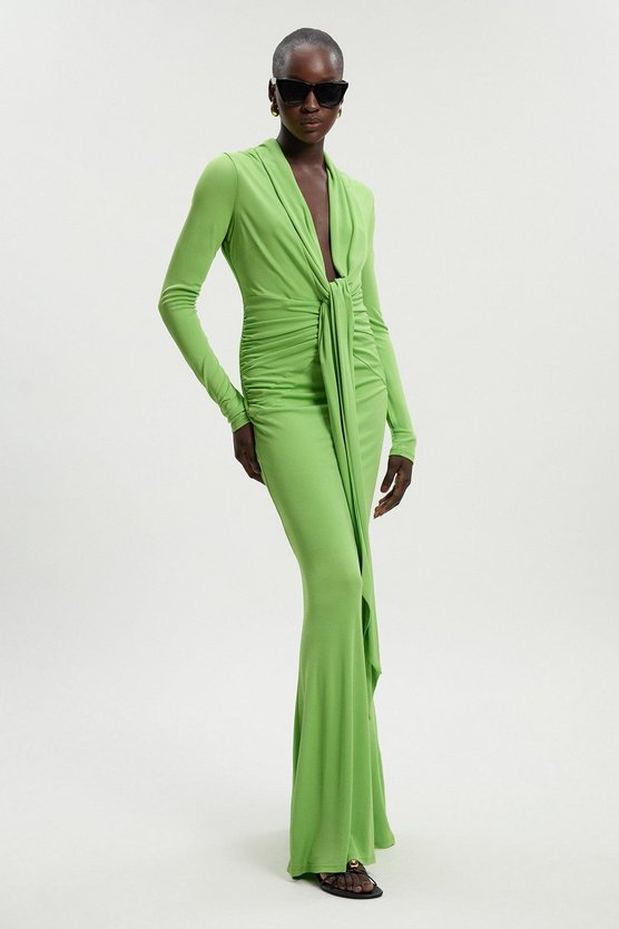 Karen Millen Premium Stretch Crepe Jersey Plunge Neck Maxi Dress Bright Green