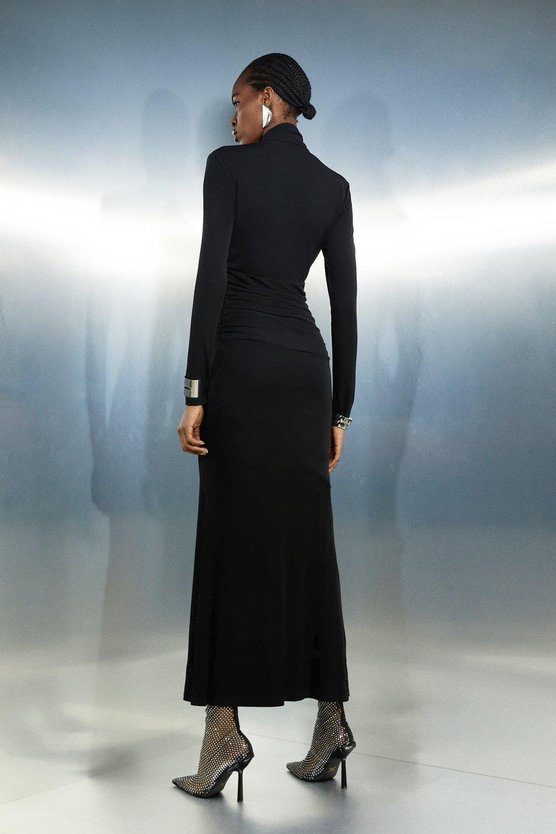 Karen Millen Premium Stretch Crepe Jersey Plunge Neck Maxi Dress Black