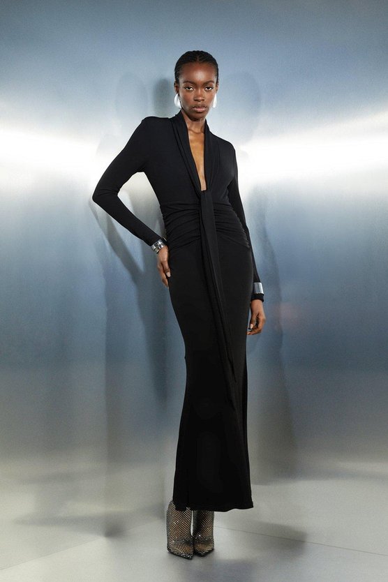 karen millen Premium Stretch Crepe Jersey Plunge Neck Maxi Dress black