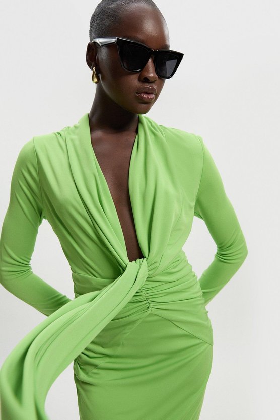 karen millen Premium Stretch Crepe Jersey Plunge Neck Maxi Dress bright green