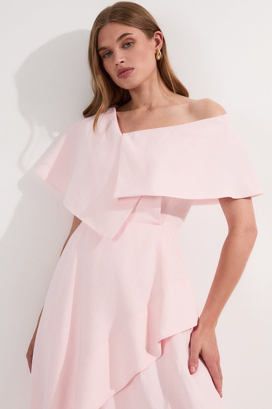Karen Millen Premium Tailored Linen Asymmetric Shoulder Full Midi Dress Blush