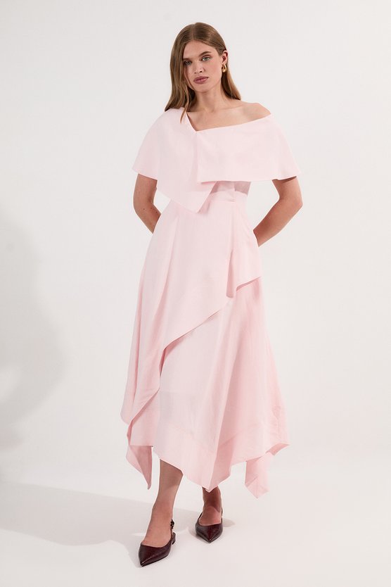 Karen Millen Premium Tailored Linen Asymmetric Shoulder Full Midi Dress Blush
