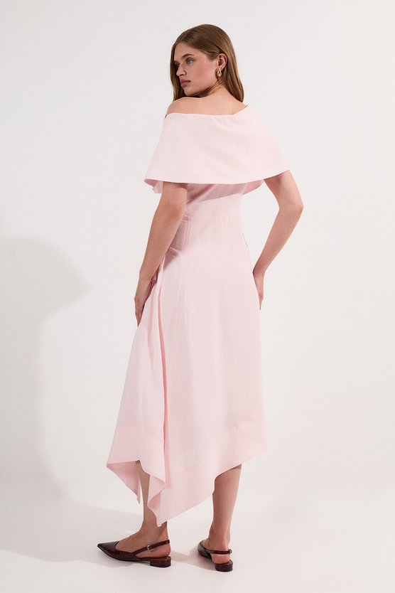 Karen Millen Premium Tailored Linen Asymmetric Shoulder Full Midi Dress Blush