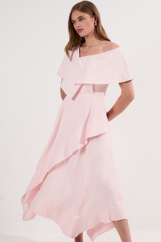 karen millen Premium Tailored Linen Asymmetric Shoulder Full Midi Dress blush