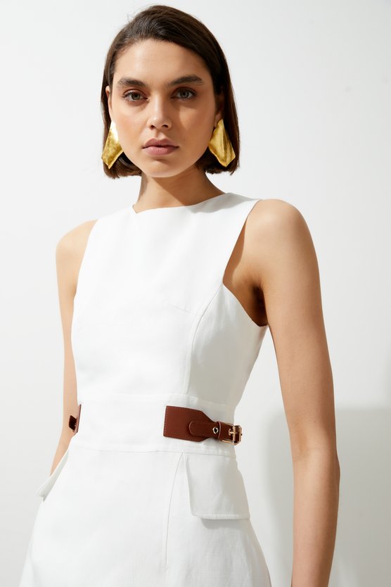 Karen Millen Premium Tailored Linen Tab Waist Pencil Midi Dress Ivory