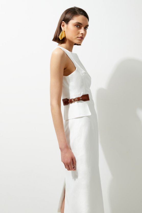 Karen Millen Premium Tailored Linen Tab Waist Pencil Midi Dress Ivory