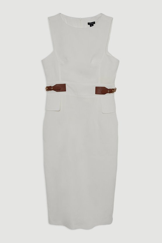 Karen Millen Premium Tailored Linen Tab Waist Pencil Midi Dress Ivory