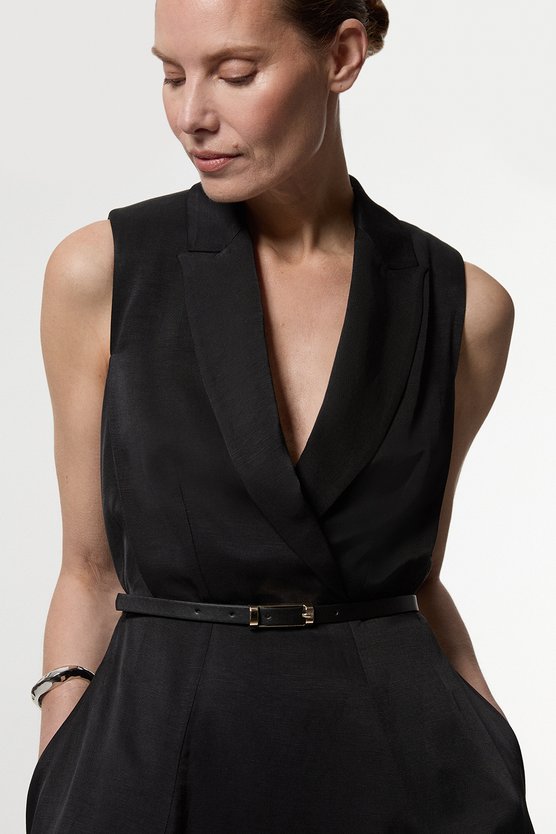 Karen Millen Premium Viscose Linen Tailored Full Skirt Midi Dress Black