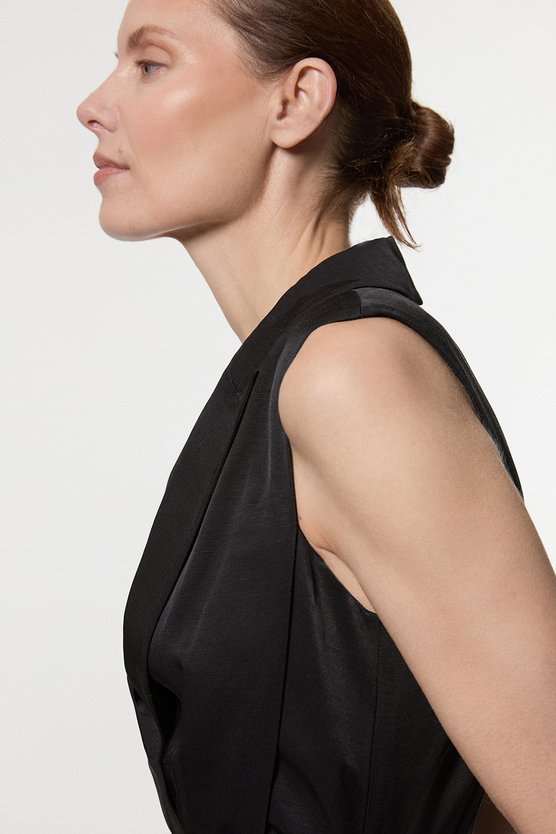 Karen Millen Premium Viscose Linen Tailored Full Skirt Midi Dress Black