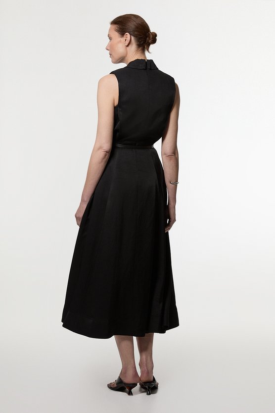 Karen Millen Premium Viscose Linen Tailored Full Skirt Midi Dress Black