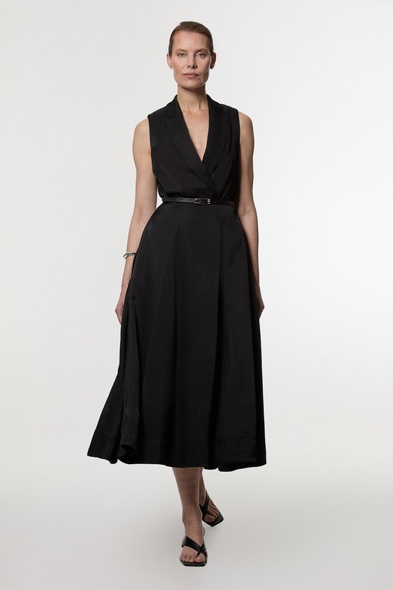karen millen Premium Viscose Linen Tailored Full Skirt Midi Dress black