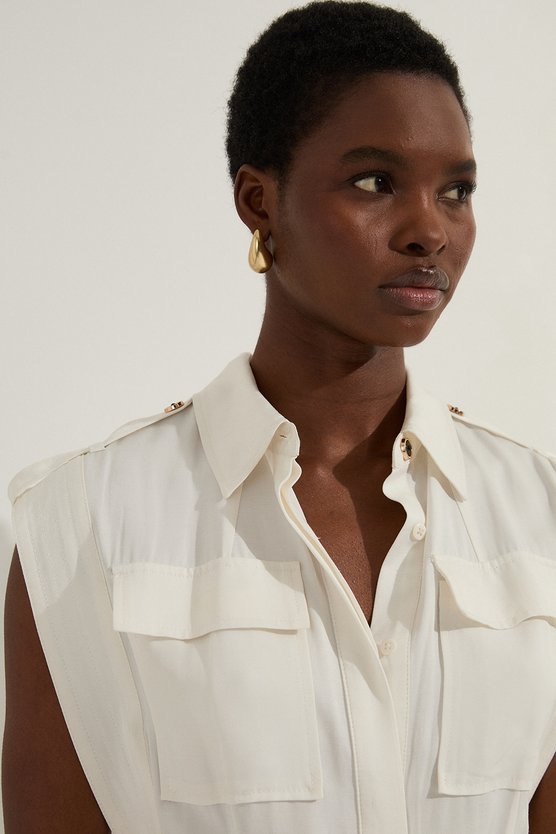 Karen Millen Premium Viscose Linen Woven Sleeveless Shirt Dress With Belt White