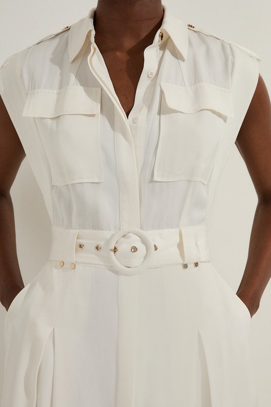 Karen Millen Premium Viscose Linen Woven Sleeveless Shirt Dress With Belt White