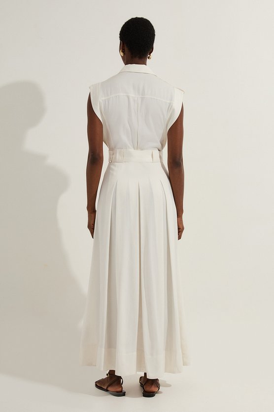 Karen Millen Premium Viscose Linen Woven Sleeveless Shirt Dress With Belt White