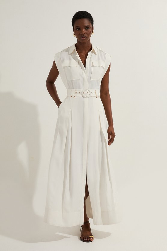 karen millen Premium Viscose Linen Woven Sleeveless Shirt Dress With Belt white