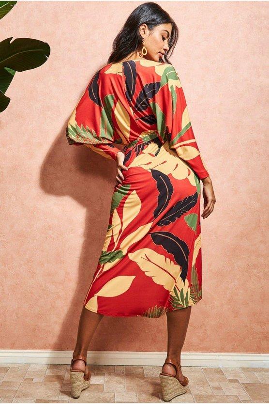 Karen Millen Printed Batwing Wrap Midi Dress Orange