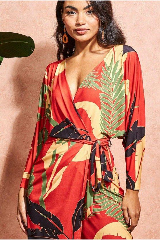 Karen Millen Printed Batwing Wrap Midi Dress Orange