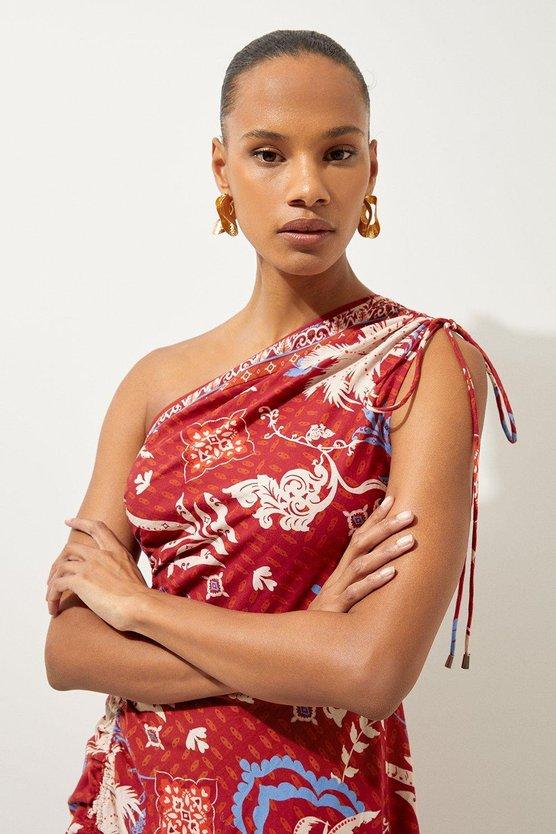 Karen Millen Printed Cotton Voile One Shoulder Midi Beach Dress Rust
