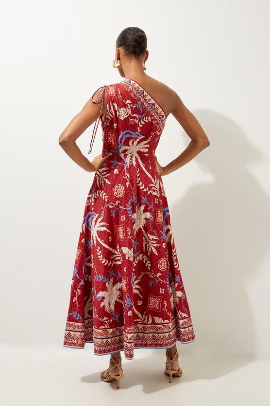 Karen Millen Printed Cotton Voile One Shoulder Midi Beach Dress Rust