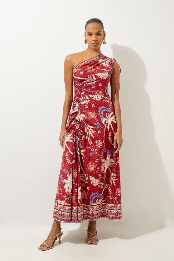 karen millen Printed Cotton Voile One Shoulder Midi Beach Dress rust