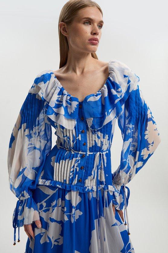 Karen Millen Printed Georgette Ruffle Woven Maxi Dress Blue