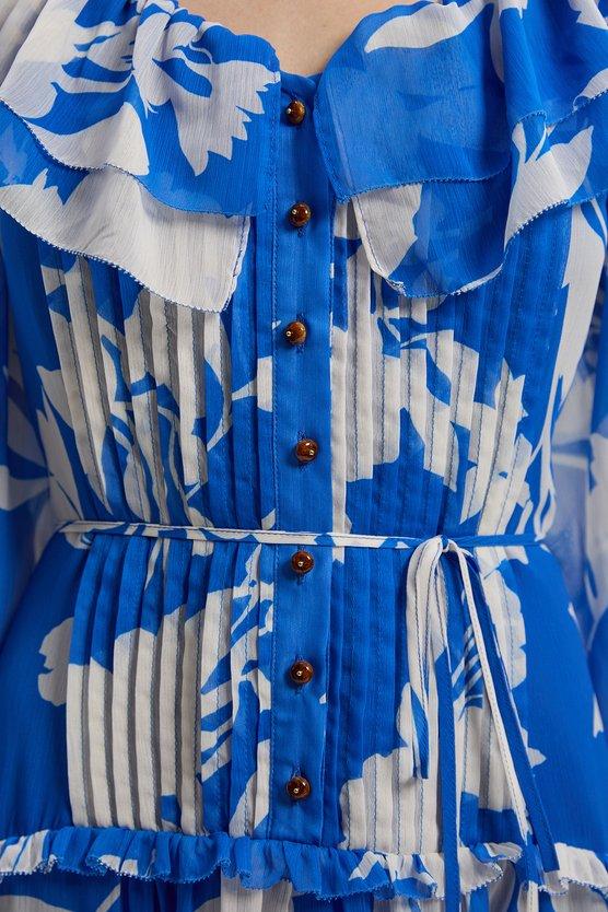 Karen Millen Printed Georgette Ruffle Woven Maxi Dress Blue