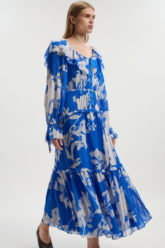 Karen Millen Printed Georgette Ruffle Woven Maxi Dress Blue