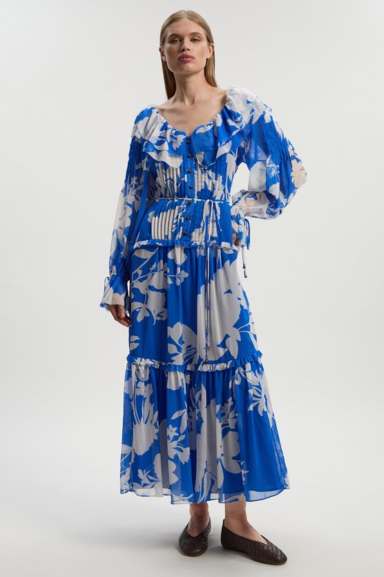 karen millen Printed Georgette Ruffle Woven Maxi Dress blue