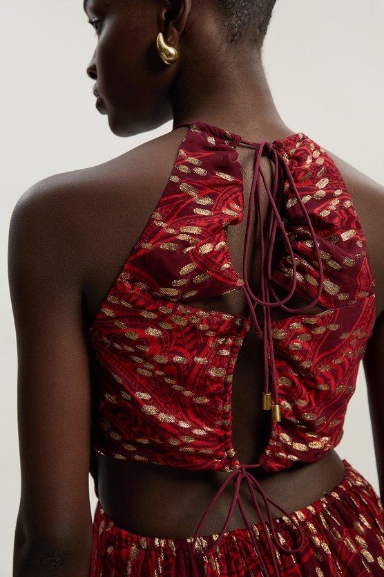 Karen Millen Printed Metallic Viscose Georgette Thread Halter Woven Mini Dress Red